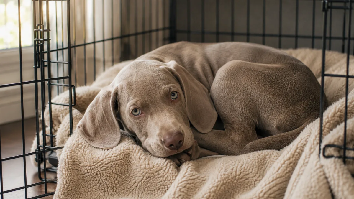 Weimaraner puppy resting comfortably inside an open wire crate with a soft blanket