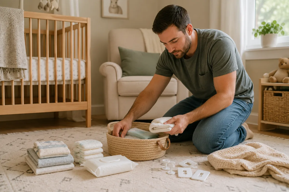 Father organizing baby supplies