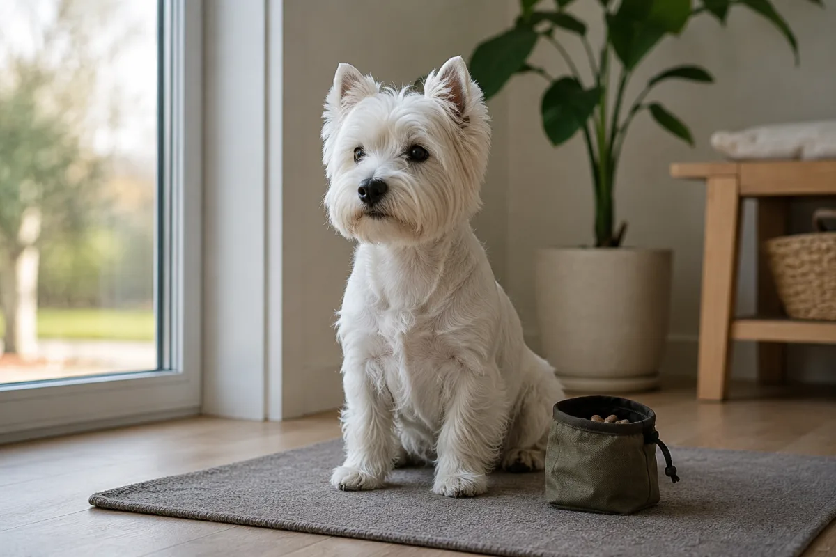 West Highland White Terrier calmly watching from a window mat