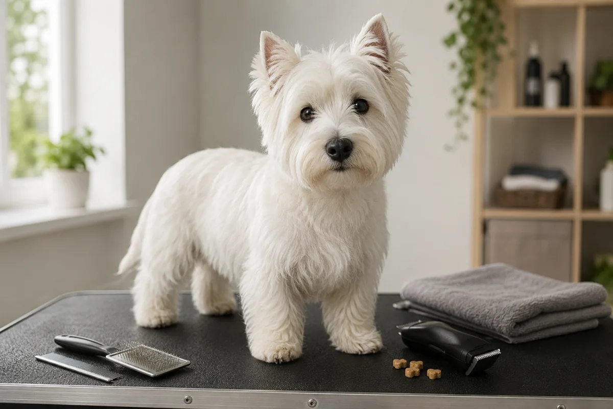 Westie grooming tools beside a white terrier