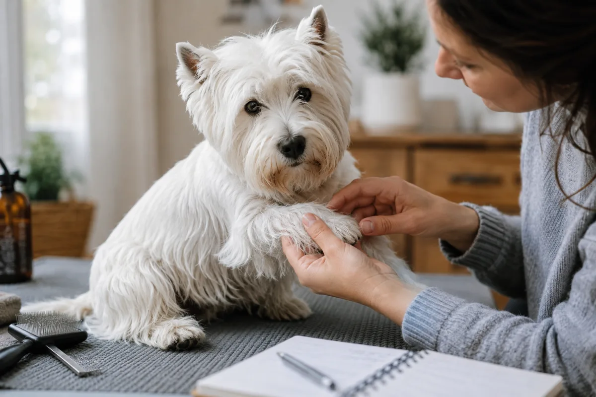 Westie skin and paw check during home grooming