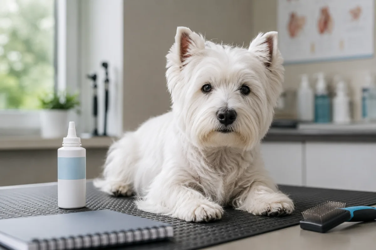 Westie health check setup with skin and ear care notes