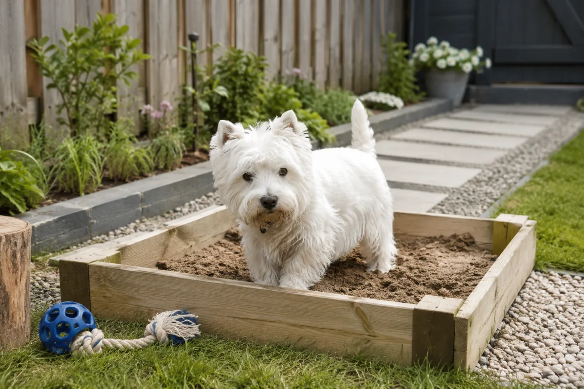 Westie using a legal digging area in a yard