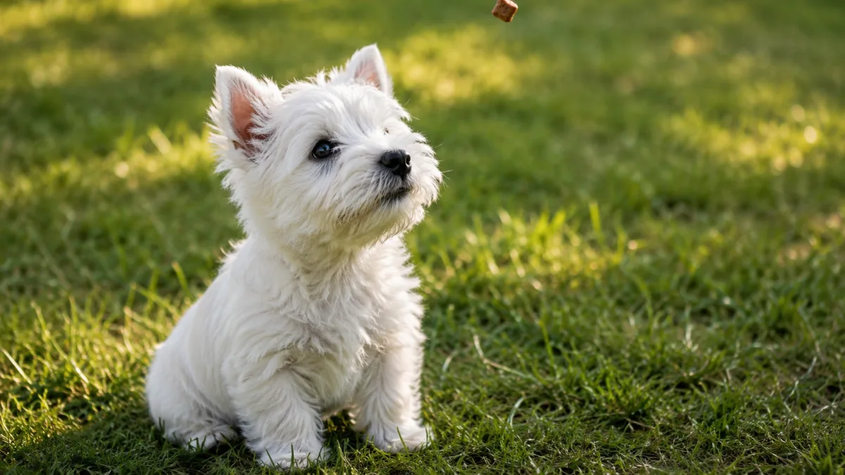 Westie puppy in a focused training session receiving a treat reward