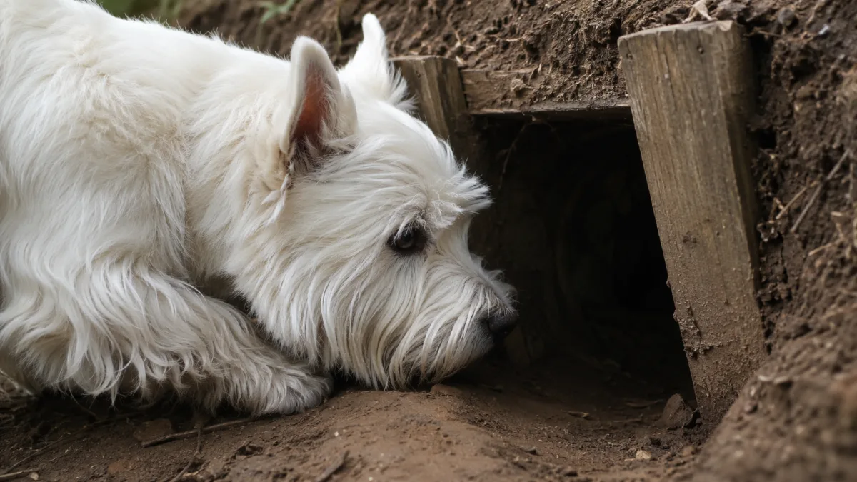 West Highland White Terrier emerging from a dark underground earthdog tunnel