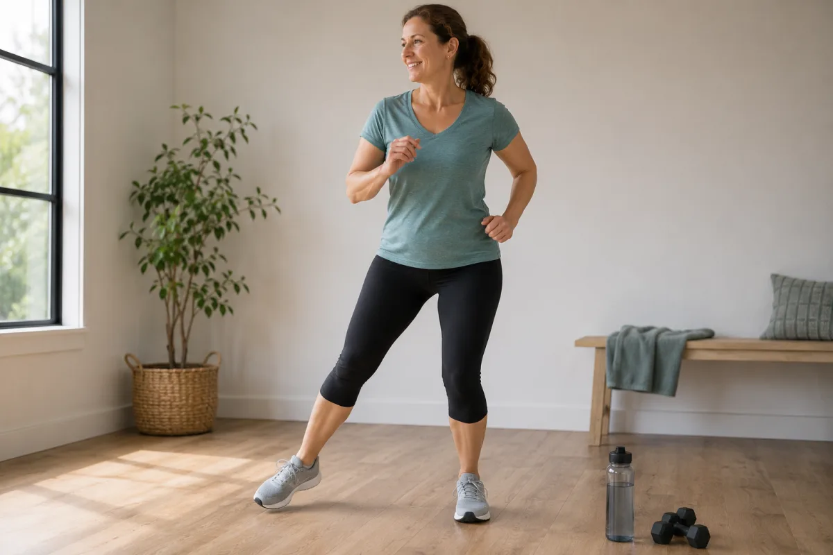 Beginner aerobic step touch in a clear workout space