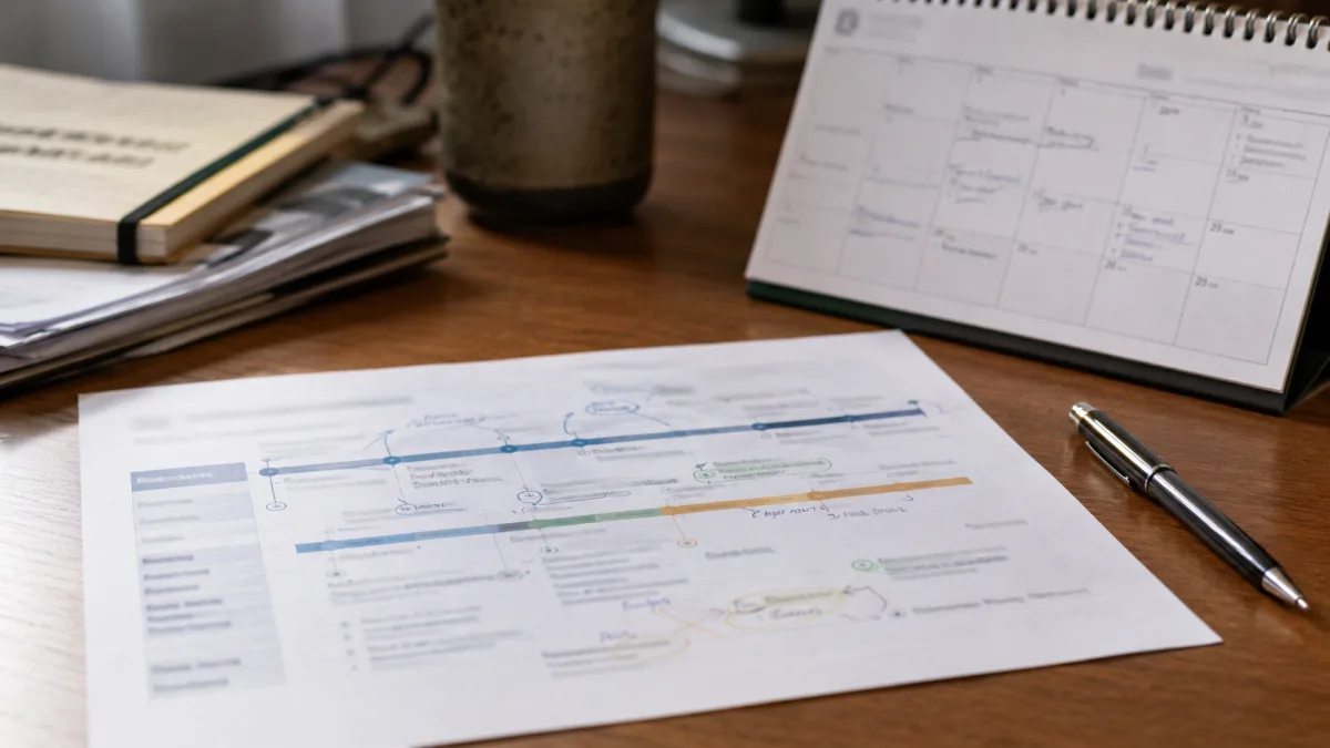 Marked-up project timeline after conflict
