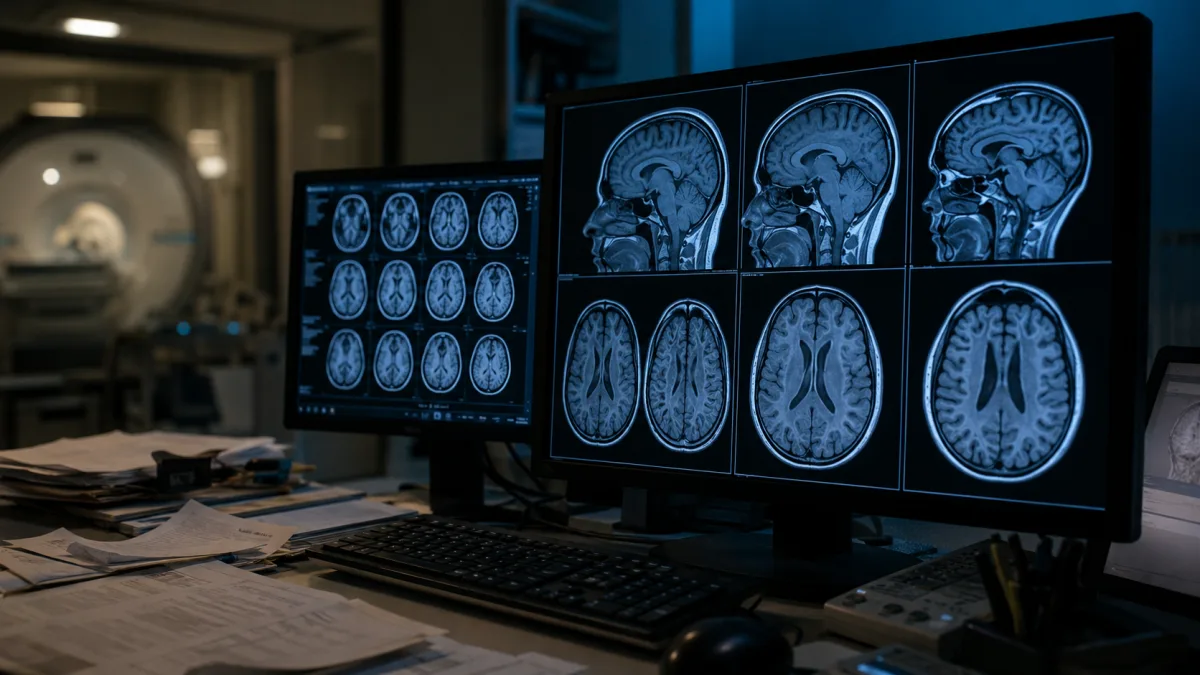 MRI brain scan showing glioma tumor in radiology reading room