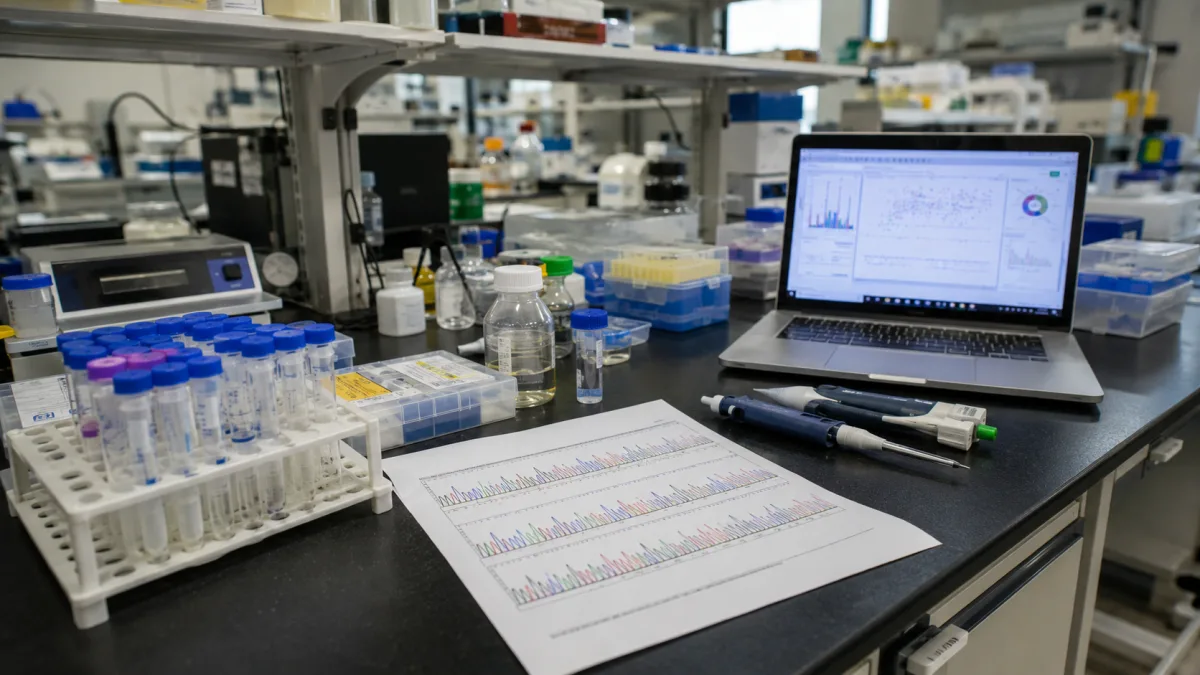 Medical researcher examining genetic sequencing data in laboratory setting