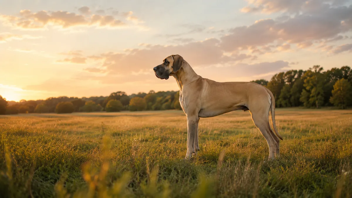 Great Dane standing in a meadow at golden hour showing its full height in profile