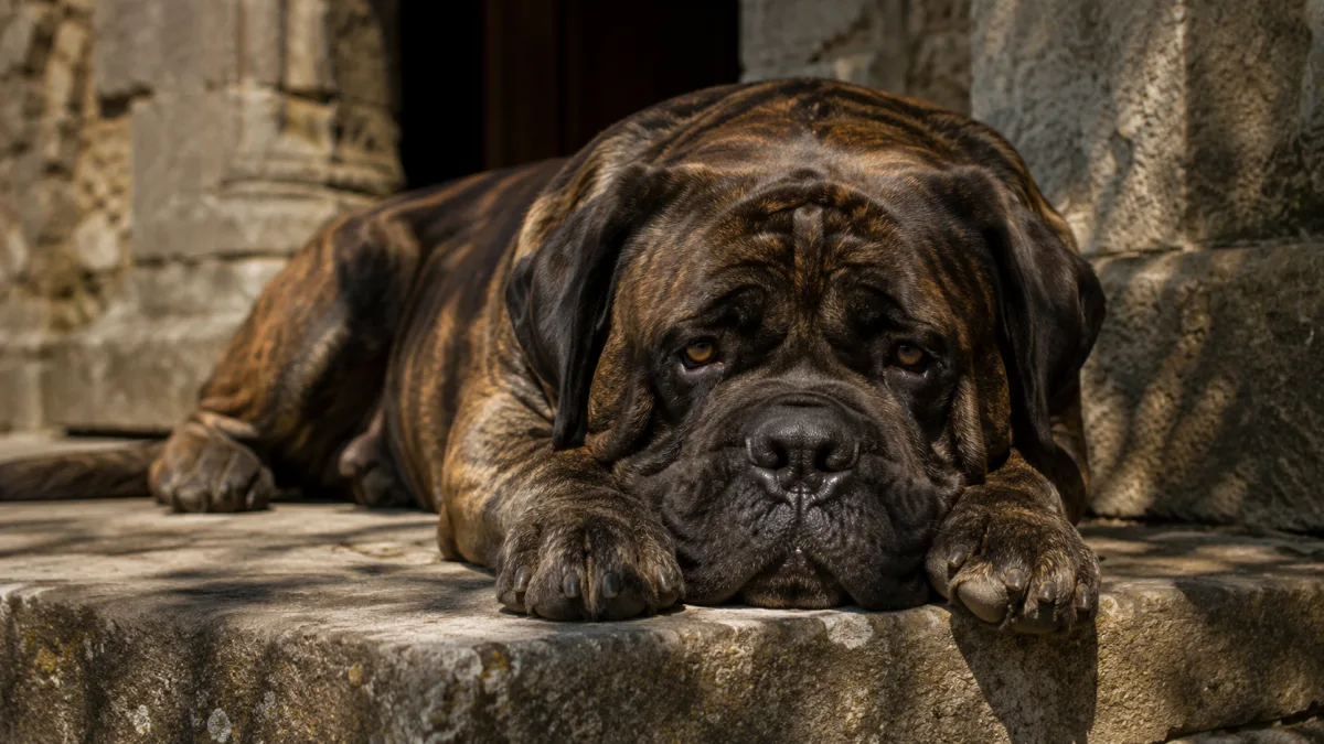 English Mastiff resting on a stone step outdoors showing its massive build and deep-set eyes