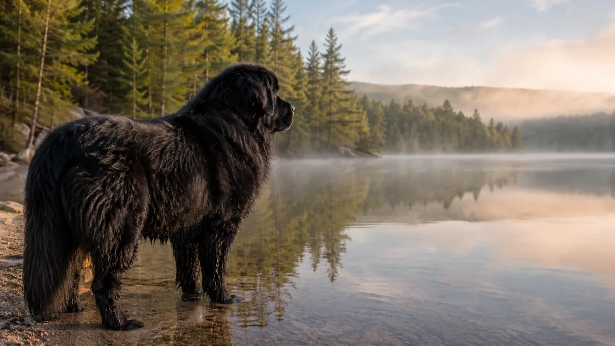Newfoundland dog standing at the edge of a calm lake in morning light with its thick coat visible
