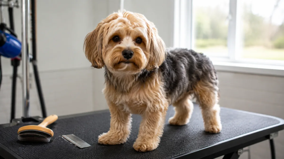 Small Yorkipoo on grooming table