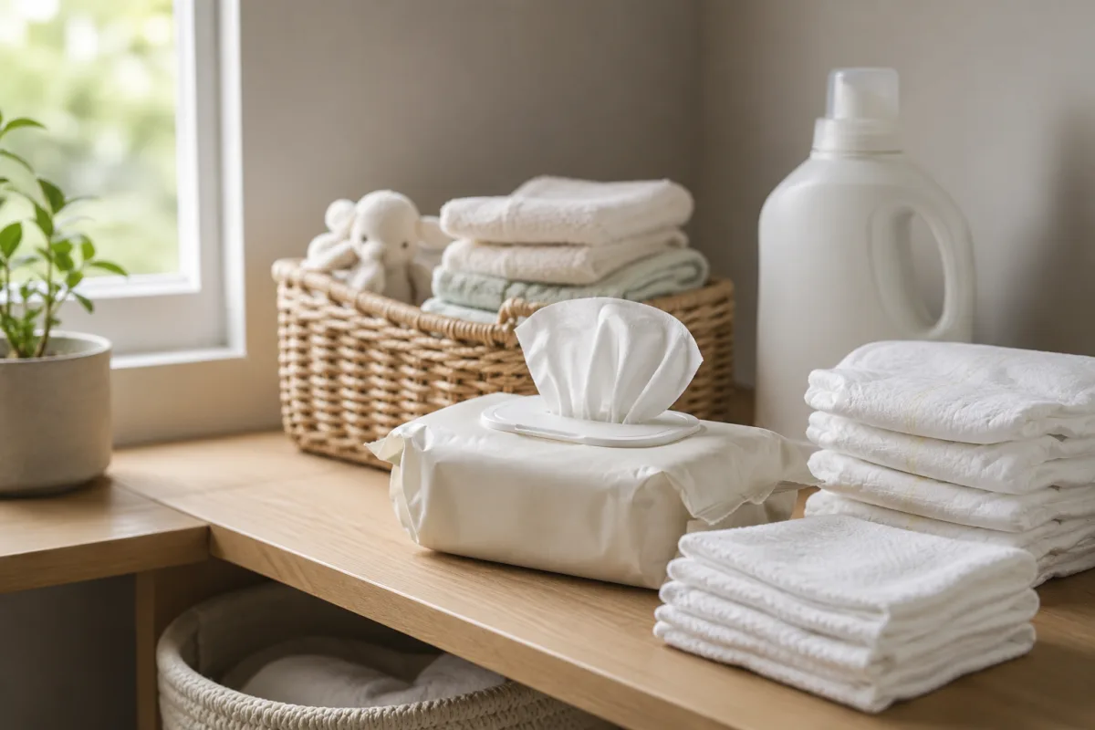 Fragrance-free diaper supplies arranged for sensitive skin