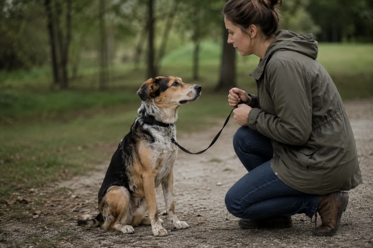 Mixed breed dog training with secure leash