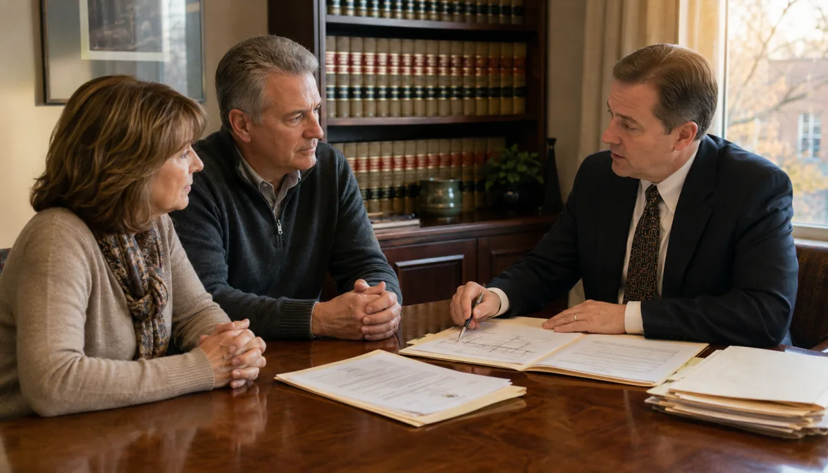 Estate attorney reviewing trust documents with a married couple at a law office
