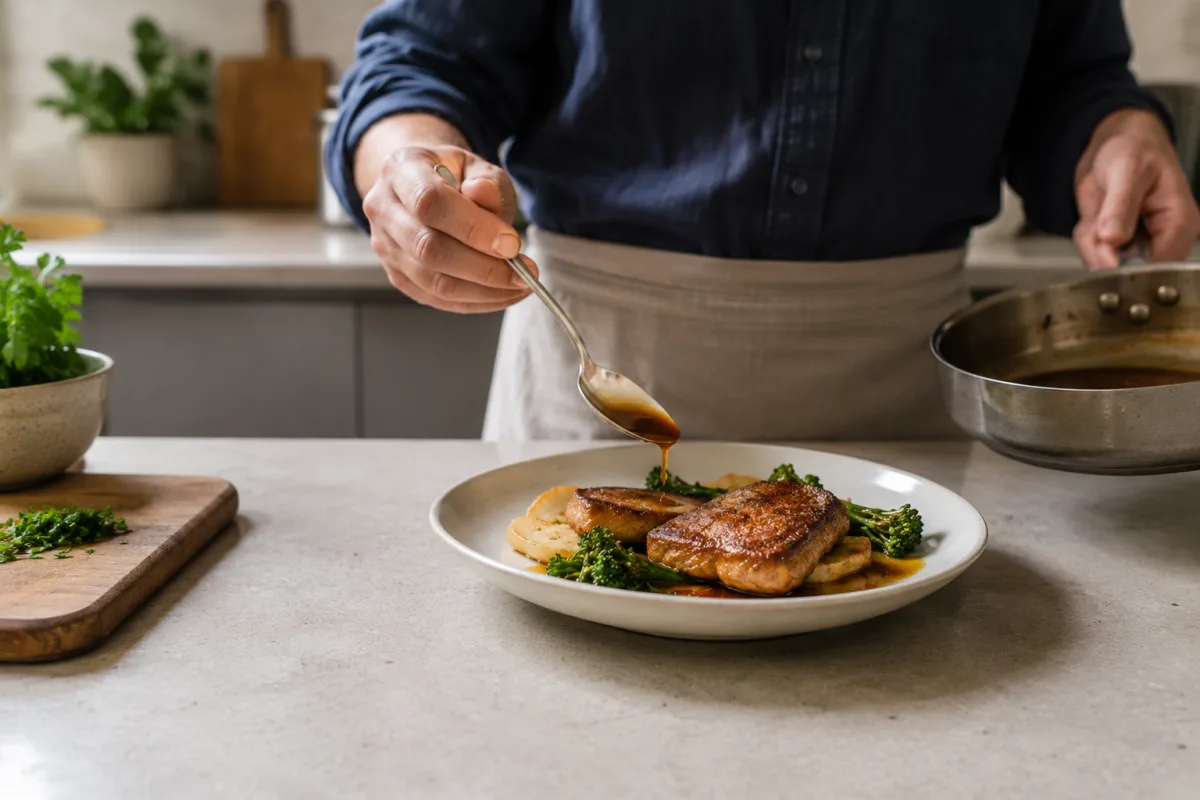 Home cook plating a carefully prepared dinner