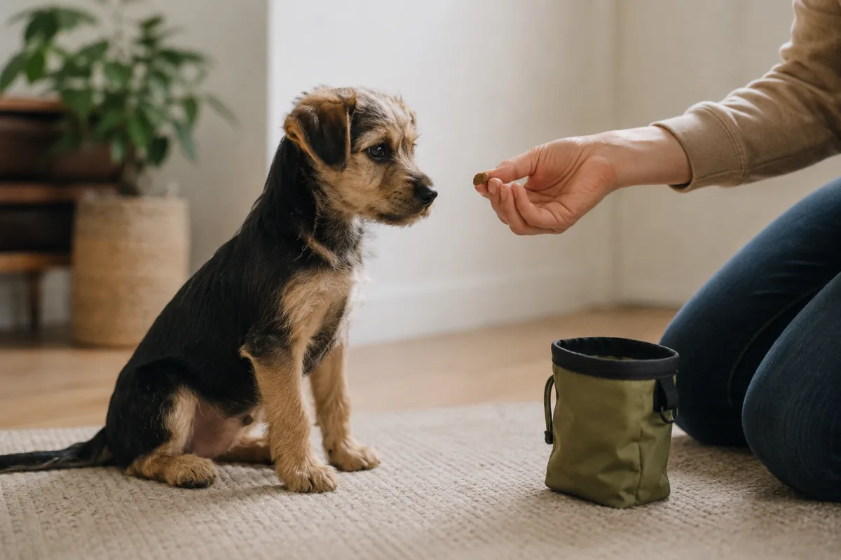 Yorkipoo puppy learning sit with reward