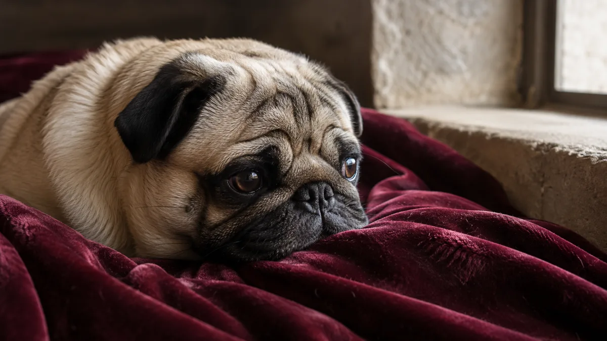 A fawn Pug resting on a richly textured fabric surface, natural window light