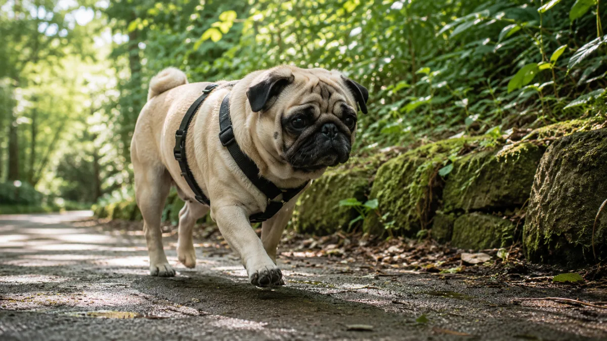 A Pug wearing a harness on a shaded outdoor walk, natural daylight