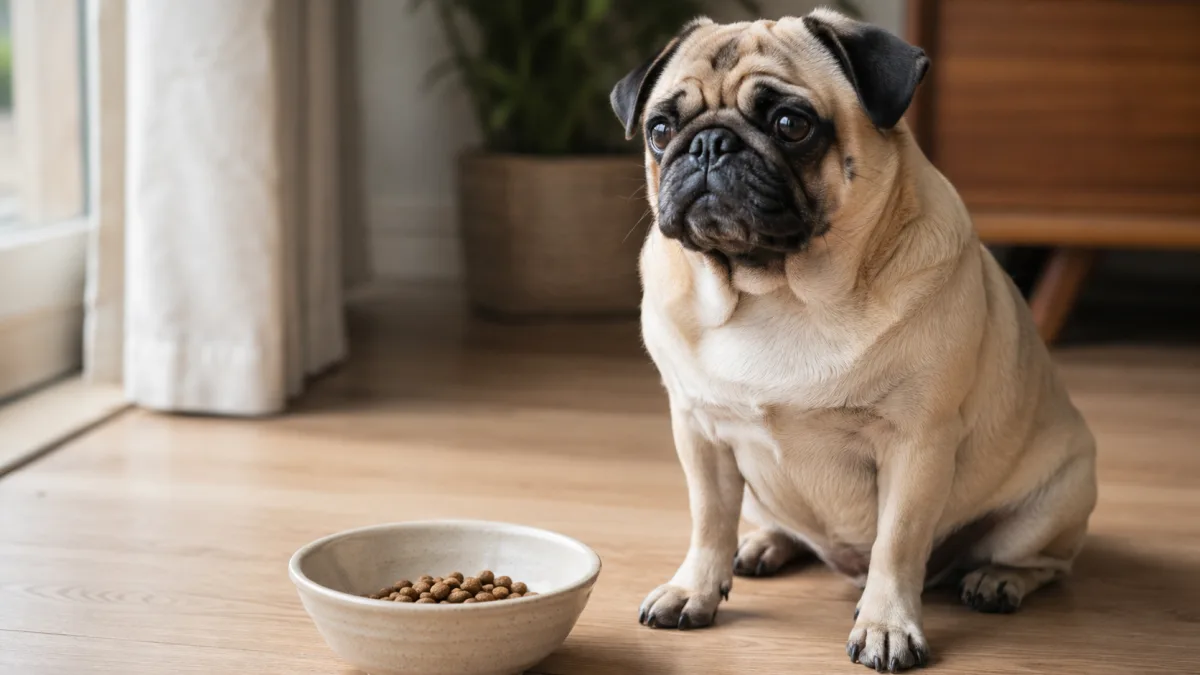 A Pug sitting attentively beside a small measured portion of dry kibble in a ceramic bowl