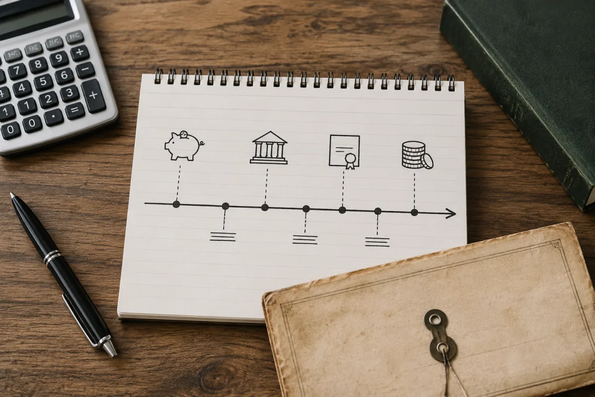Savings bond timeline with 20-year and 30-year markers on a desk