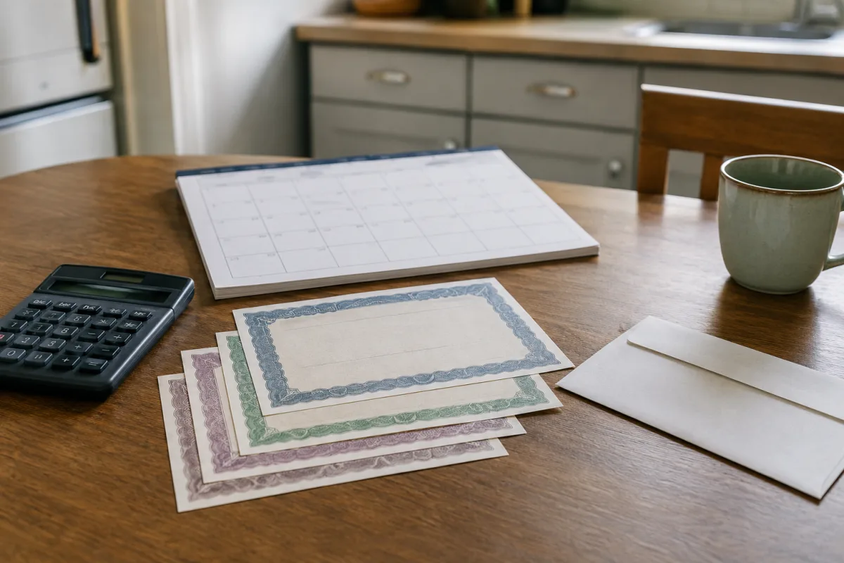 Calculator and savings bond redemption notes on a table