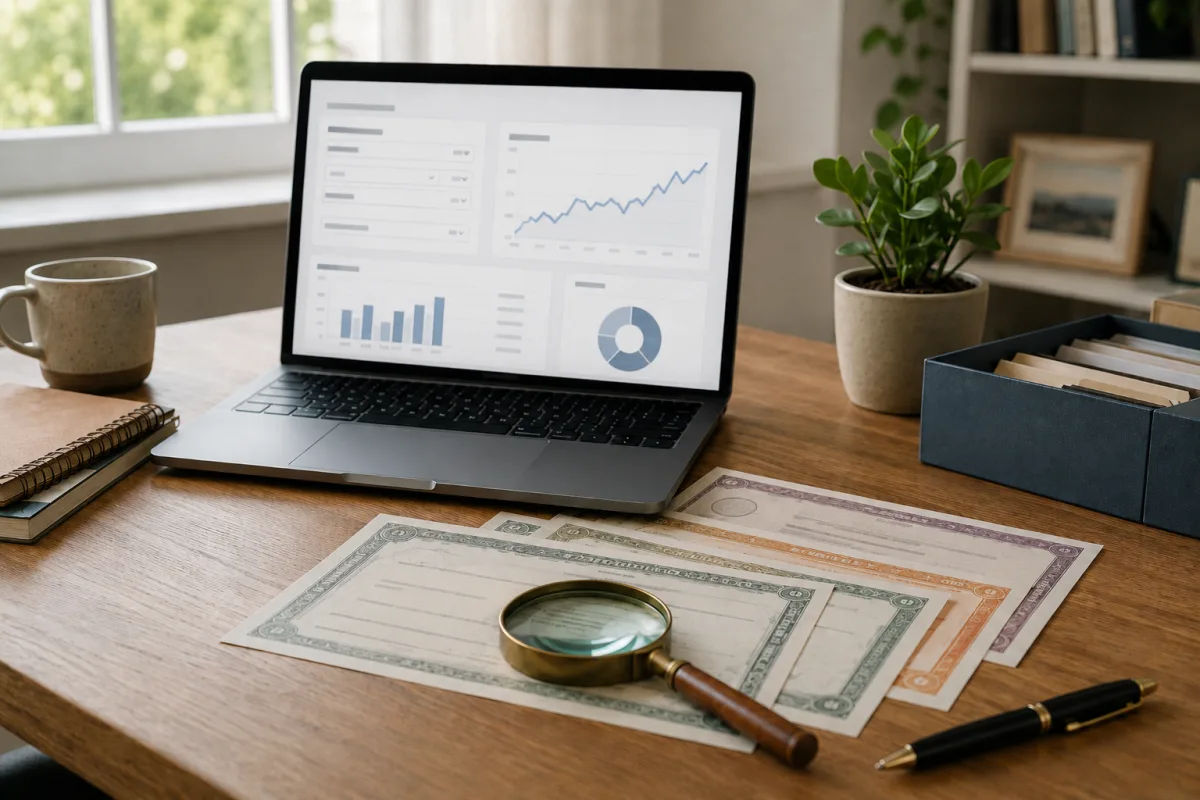 Laptop with generic calculator screen beside paper savings bond records
