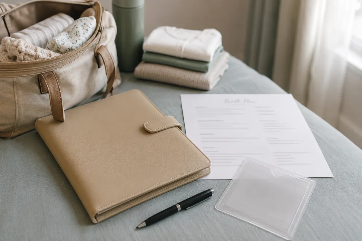 Hospital labor documents and birth plan folder