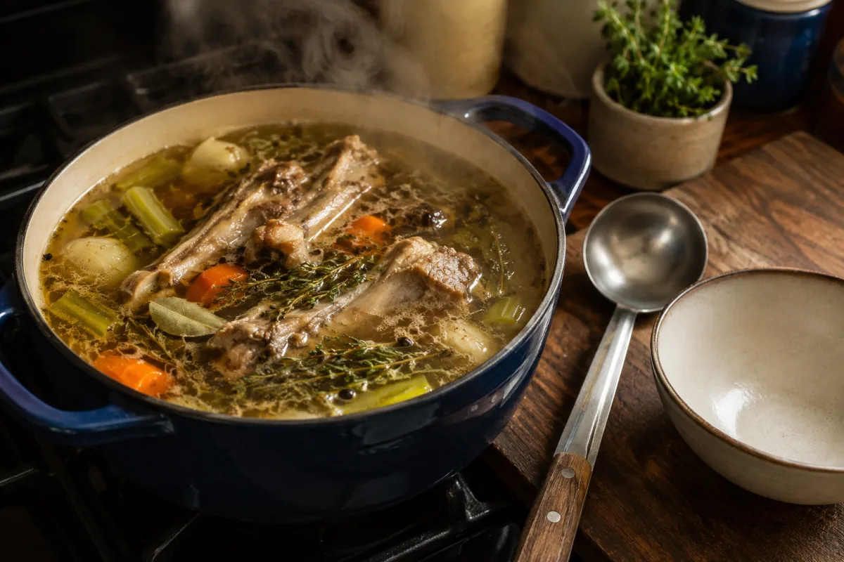 Homemade stock with bones and aromatics simmering