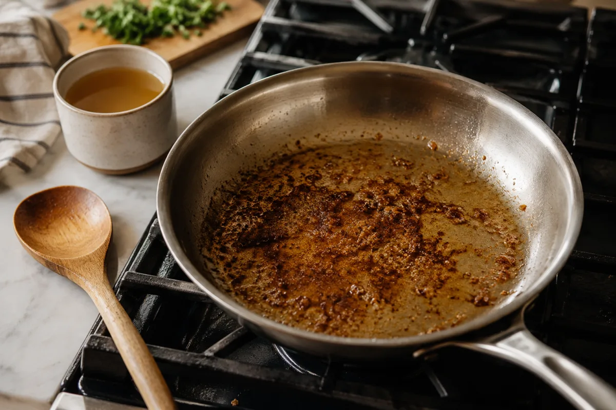 Browned fond in a skillet before deglazing