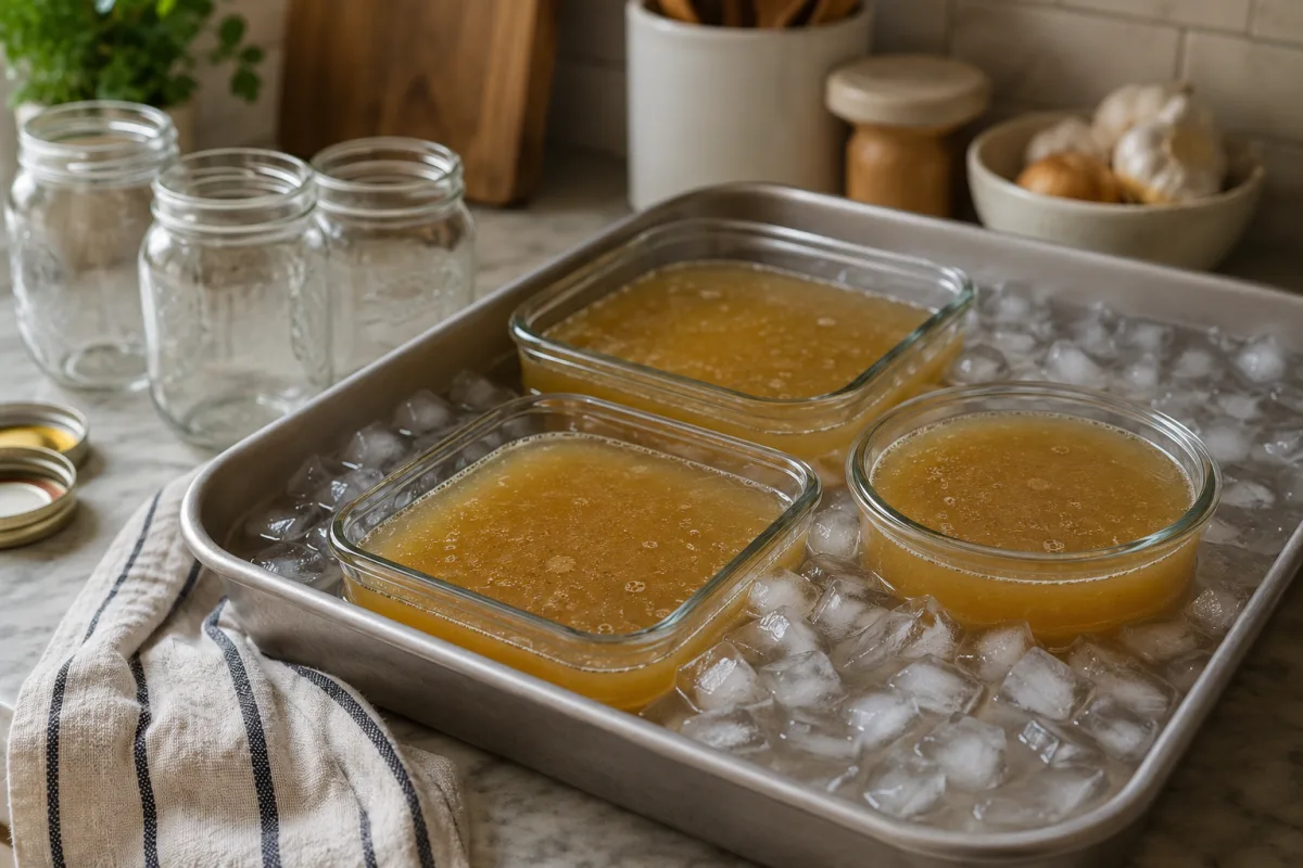 Labeled containers of homemade stock cooling for storage