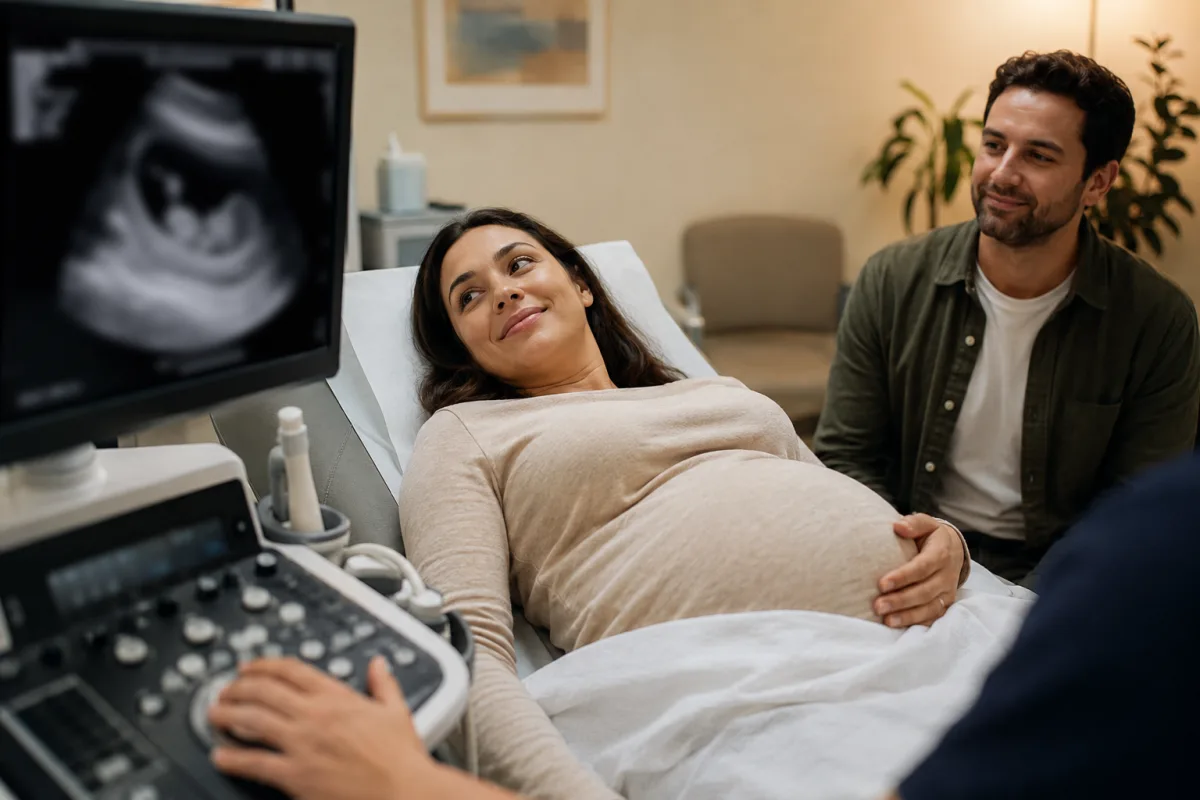 Pregnancy ultrasound appointment with monitor blurred