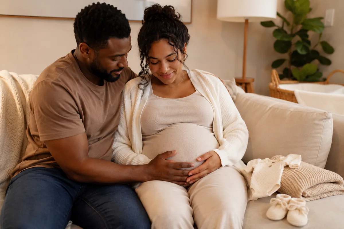 Expectant parents sitting together after prenatal news