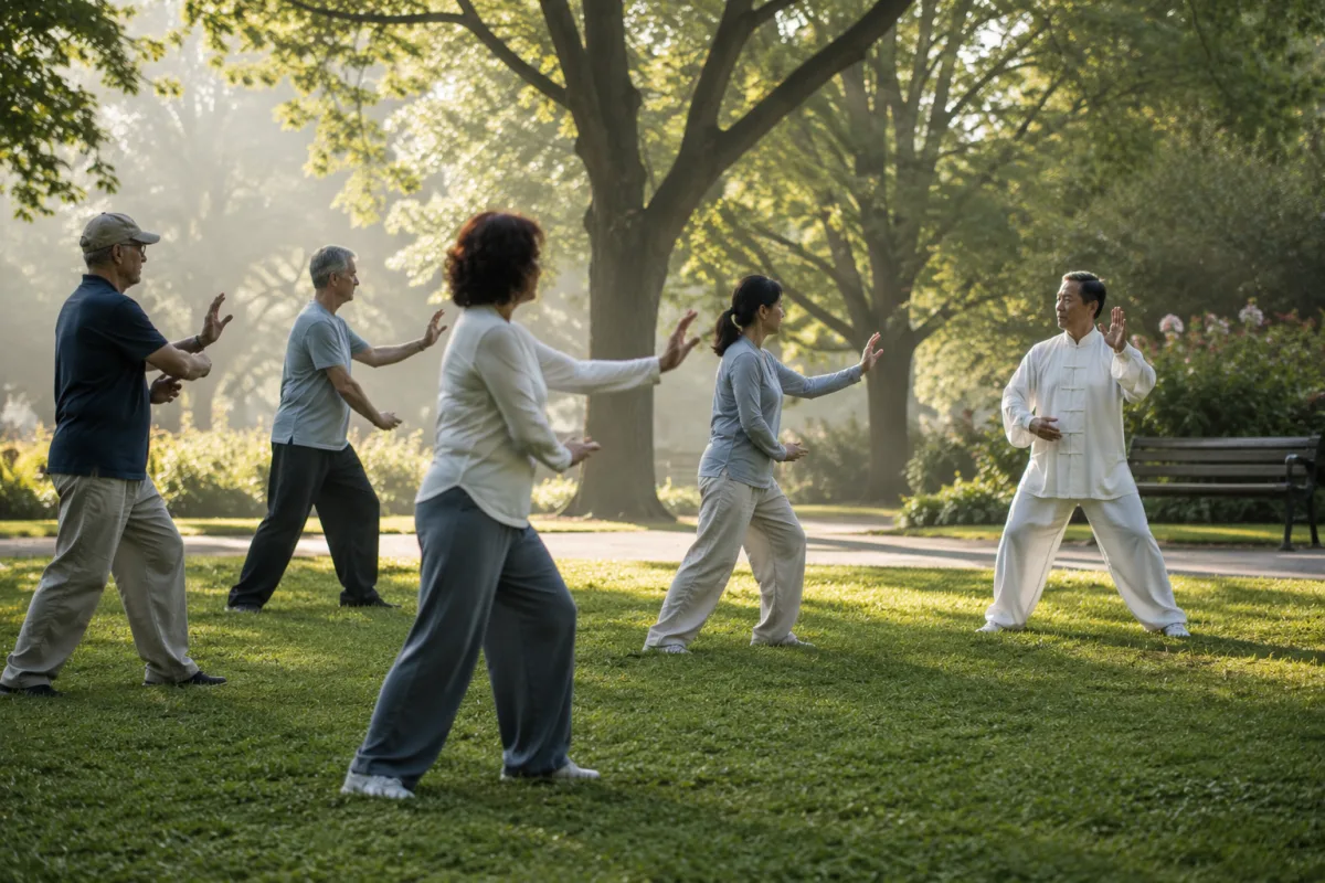 Tai chi class practicing slow balance movement outdoors
