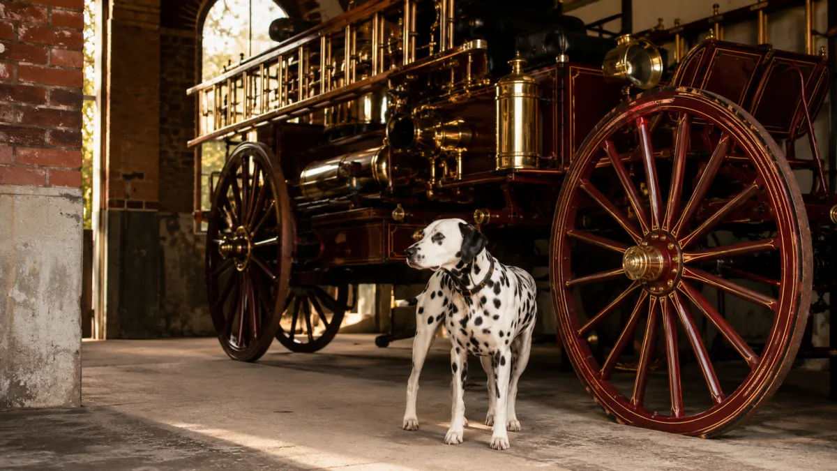 Dalmatian beside a historic horse-drawn fire engine