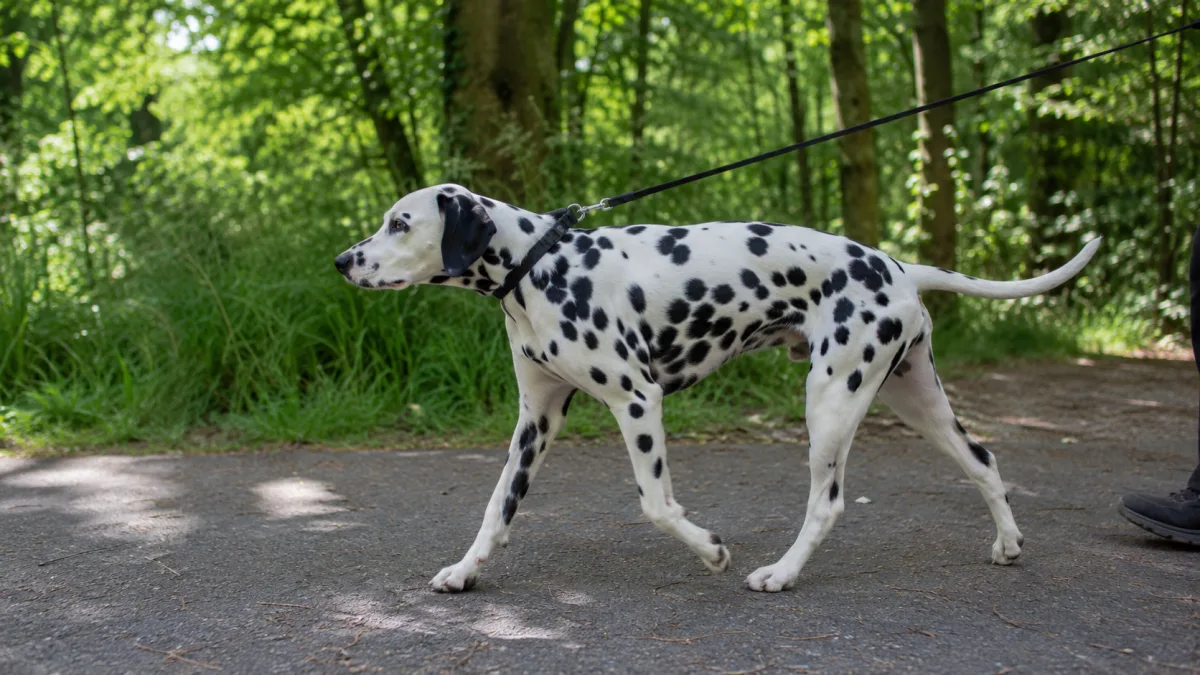 Active Dalmatian on a training walk