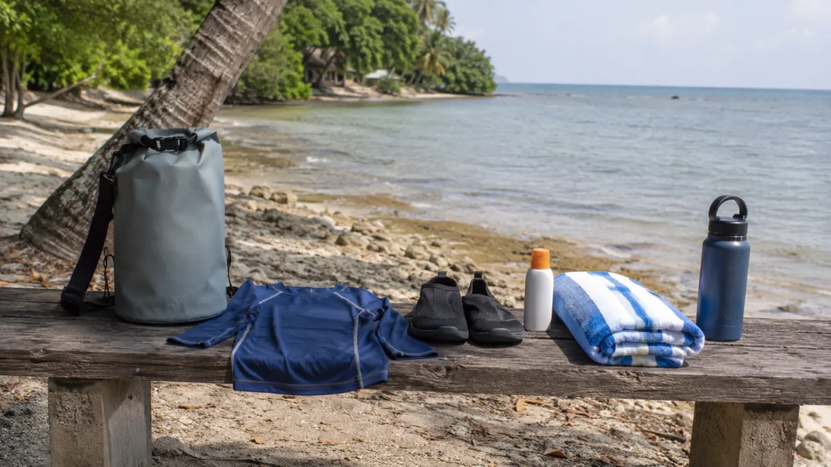 Packed windsurfing day bag with sun and water safety gear