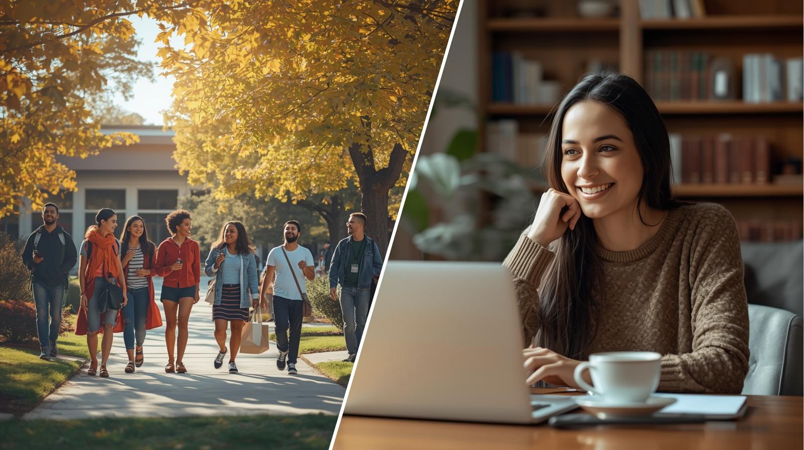 A split image comparing a traditional college campus with a person studying online at home.